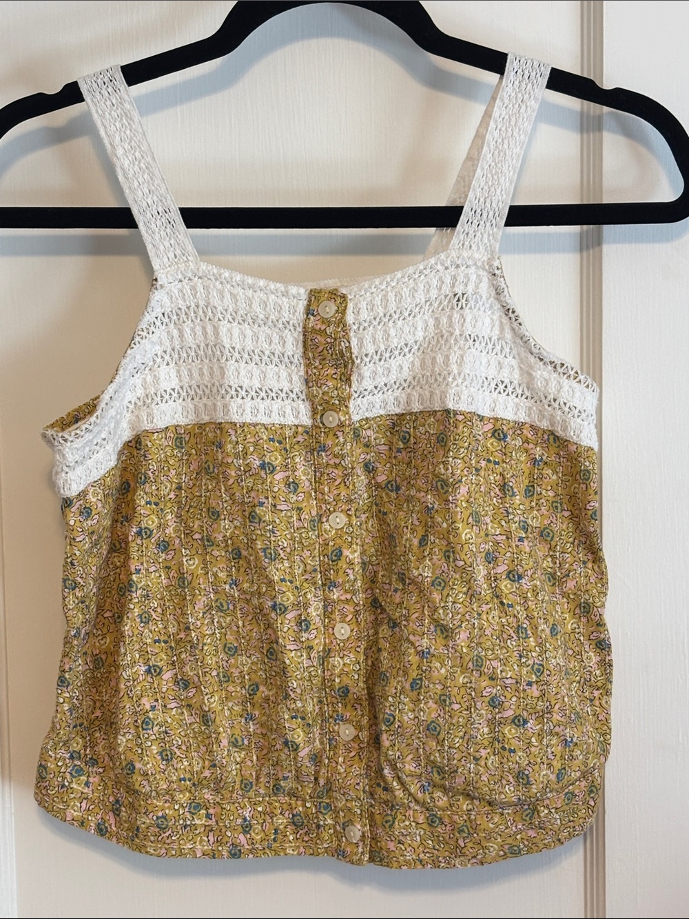 Universal Thread Yellow Floral Crochet-Trim Cropped Top, 100% Cotton